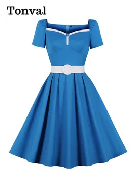 Хлопчатобумажные винтажные платья Tonval Blue с вырезом сердечком и высокой талией Для женщин 2023, Элегантные наряды, плиссированное платье с коротким рукавом и поясом