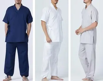 Мужской летний высококачественный хлопчатобумажный и льняной костюм для йоги, одежда для кунг-фу, мужская форма для медитации zen lay, синий /белый /серый