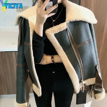 YICIYA, кожаная куртка из искусственного меха, гоночный бомбер, женское винтажное зимнее женское пальто на молнии, байкерская верхняя одежда, куртки, пальто, мода