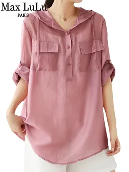 Max LuLu Корейская шифоновая одежда, Летние Женские модные Свободные солнцезащитные рубашки с капюшоном, Роскошные блузки для отдыха, Классические топы