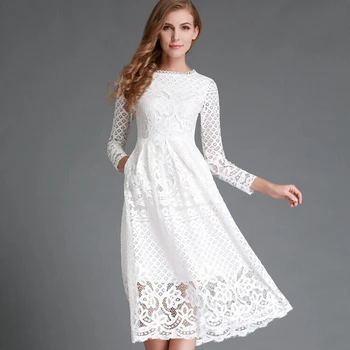 Осеннее женское белое платье Xylocarp QL002, кружевная юбка МИДИ с круглым вырезом и длинными рукавами