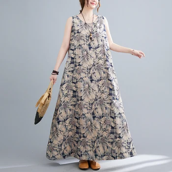 Лето 2023, женское платье большого размера в стиле ретро со свободным принтом, без рукавов, хлопковое платье из конопли, жилет на подтяжках