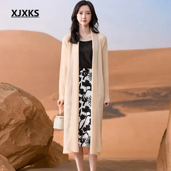 XJXKS Удобная Высококачественная Льняная Солнцезащитная куртка 2023 Весна-Лето-Осень, Новое Свободное Длинное Вязаное пальто Оверсайз Для Женщин