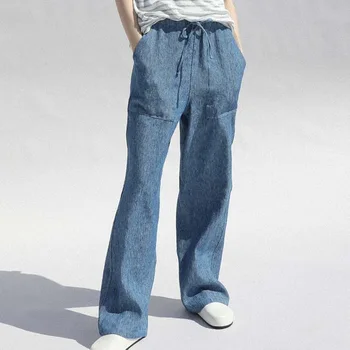 Летние женские джинсовые брюки из 100% хлопка, джинсовые брюки с высокой талией, мешковатые брюки с завязками, женские панталоны Harajuku, эстетичные