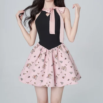 Розовое платье в цветочек с фрагментами Для женщин летом, высококачественное жаккардовое платье без рукавов в стиле ретро, без рукавов, облегающее