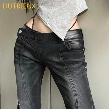Винтажные потертые Сексуальные повседневные джинсы с низкой талией, женские 2023, весенние Новые плиссированные Универсальные широкие брюки в Корейском уличном стиле