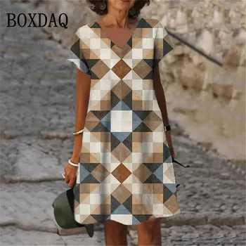 2023 Новое модное уличное платье с трехмерной геометрией, женское платье с 3D принтом, платье с коротким рукавом, свободные платья с V-образным вырезом, большие размеры