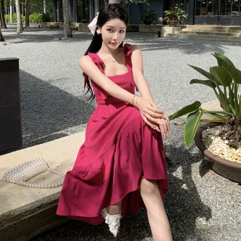 Шикарные розово-красные платья на шнуровке для женщин, минималистичные, стройные, сексуальные Летние сарафаны без рукавов в корейском стиле, сказочные длинные сарафаны в корейском стиле
