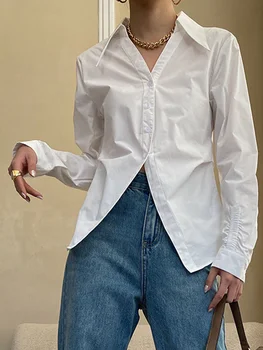 Женская Бело-синяя Повседневная блузка нерегулярной формы С Новым отворотом и длинным рукавом Свободного покроя, Модная рубашка Весна-осень 2023 M320