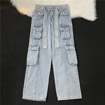 Джинсы для папы, женские прямые свободные широкие брюки большого размера, пара повседневных трендовых джинсов Y2K, уличные модные брюки с множеством карманов.