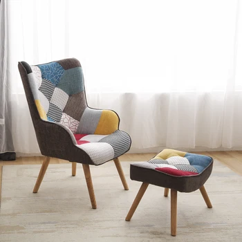Кресло и оттоманские акцентные стулья Современное красочное и лоскутное кресло для чтения с ножками из массива дерева, кресло для сна из льняной ткани