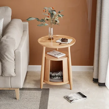Журнальный столик из массива дерева в скандинавском стиле для гостиной, простой современный диван, боковые углы, Круглый низкий столик, креативный японский кошачий домик