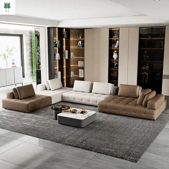 Итальянский минималистичный кожаный диван комбинация больших блоков роскошная вилла гостиная Лоуренс модуль угловой кожаный диван