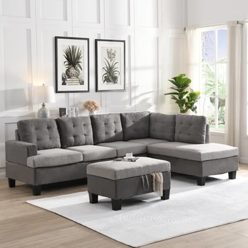 Комплект диванов для гостиной с шезлонгом и пуфиком для хранения мебели для гостиной, (серый)