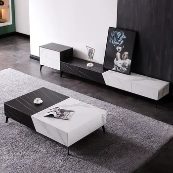 Сочетание итальянского минимализма и современной каменной плиты, журнального столика и ТВ-шкафа, небольшого домашнего скандинавского ТВ-шкафа