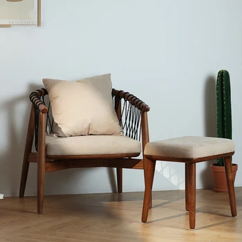 Скандинавские стулья для гостиной, стул из массива дерева, плетеная веревка, кресло для отдыха, Балкон, Односпальный стул со спинкой, стул для спальни, односпальный диван