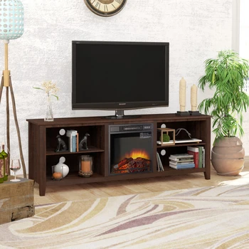 70-дюймовая подставка для телевизора, медиа-консоль с текстурой дерева, развлекательный центр, шкаф для хранения телевизора с 6 регулируемыми полками для телевизоров, коричневый