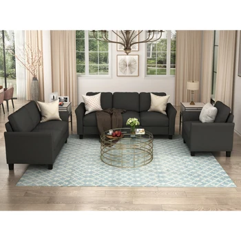 Комплект мебели для гостиной из 3 Частей Включает Мягкий Трехместный диван, Диванчик и Кресло, Современный диван с ворсистой подушкой на спинке.