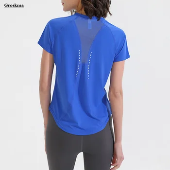 Сетчатые Лоскутные женские рубашки для йоги С коротким рукавом, Дышащая блузка для фитнеса, Спортивная одежда для бега, Футболки, Одежда Ropa Deportiva