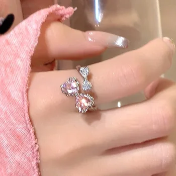 MENGJIQIAO Корейское Модное Открывающее кольцо с Розовым бантом и Цирконием Для женщин, Роскошные Милые Кольца на указательный палец, украшения для вечеринок, Подарки