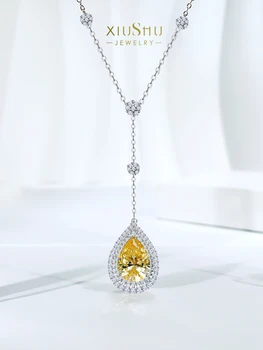 Модный Универсальный кулон с желтым бриллиантом из стерлингового серебра в виде капельки с высокоуглеродистым бриллиантом на цепочке-ошейнике