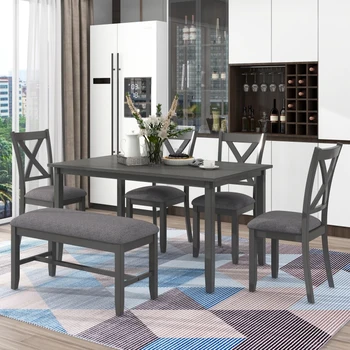 Кухонный обеденный стол из 6 предметов, деревянный прямоугольный обеденный стол, 4 тканевых стула и скамейка Семейная мебель (серый)
