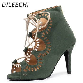 Туфли для латиноамериканских танцев DILEECHI, женские бархатные зеленые ремешки, вечерние сапоги для Сальсы и бальных танцев на высоком тонком каблуке 8,5 см с мягкой подошвой