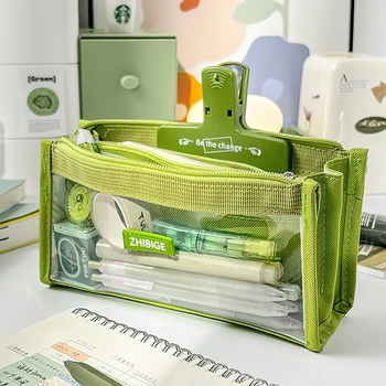Прозрачный пенал, сумка для ручек, цвет Авокадо, Зеленый, фиолетовый, 6-слойный чехол для хранения школьных канцелярских принадлежностей A7403
