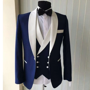 Синий смокинг жениха из 3 частей для свадьбы с отворотом из белой шали, приталенные мужские костюмы, жилет с двойным нагрудником, мужская модная куртка