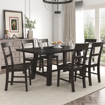 Обеденный стол TREXM в ретро-индустриальном стиле из 7 предметов, выдвижной стол с 18-дюймовой створкой и шесть деревянных стульев