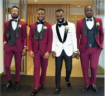 Бордовые приталенные мужские костюмы 2021 года, свадебные смокинги для жениха, 2 предмета (пиджак + брюки) Костюмы для жениха, блейзер для шафера