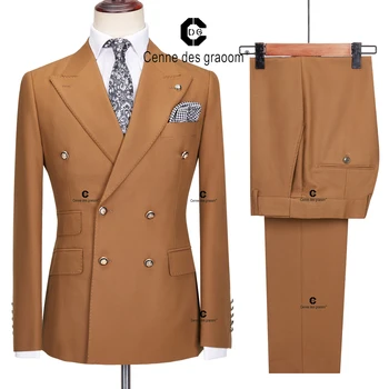 Centne Des Graoom 2023 Новые Элегантные Мужские костюмы, двубортный комплект-двойка, приталенный высококачественный костюм для свадебной вечеринки коричневого цвета