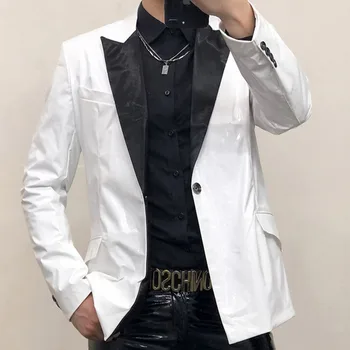 Черный, зеркальный, чистый белый, яркий кожаный костюм, мужской облегающий банкетный костюм на одной пуговице, платье для выступлений на сцене.