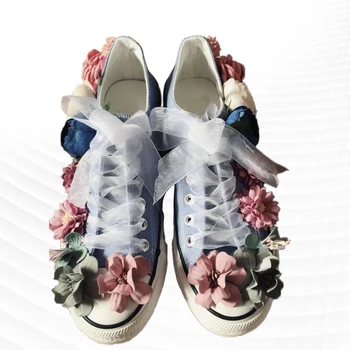 Парусиновая обувь с низким верхом, Белая лента, Удобные кроссовки для ходьбы, Вулканизированная обувь с цветочной лентой ручной работы 35-46