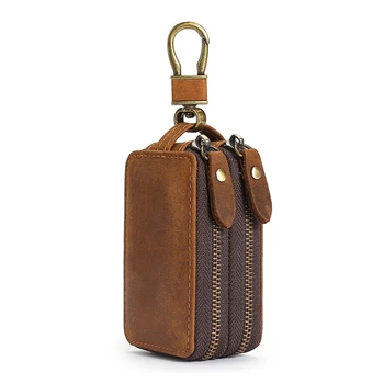 Портативный винтажный кожаный держатель для ключей D0LF, сумка-портмоне для ключей от автомобиля, двойной карман, чехол на молнии, чехлы для брелоков, органайзер для кошелька