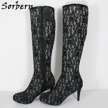 Sorbern, черные кружевные сапоги до колена, женские невидимые туфли на платформе на тонком высоком каблуке С боковой молнией, свадебные туфли нестандартного цвета