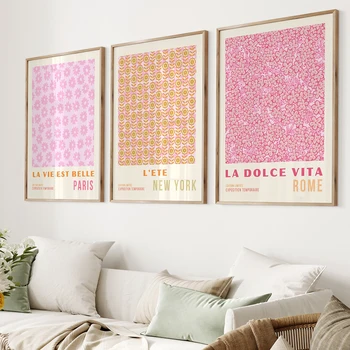 Абстрактная живопись на холсте в стиле 60-х 70-х годов Розово-оранжевый цветочный рынок Плакаты и принты Настенные художественные картины для домашнего декора гостиной