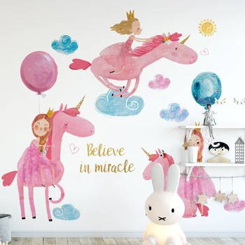 Наклейки на стену принцессы с розовым единорогом для детской комнаты, наклейки на стены комнаты для девочек, воздушные шары, декоративные наклейки, фрески