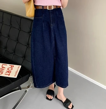 Выстиранная джинсовая юбка для девочек с разрезом средней длины, весна-лето, высокая талия, синяя женская джинсовая юбка трапециевидной формы, уличная джинсовая юбка