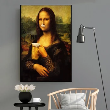 Забавная Мона Лиза, пьющая пиво Картины на холсте Известные плакаты и принты Настенное искусство Модульные картины для домашнего декора гостиной