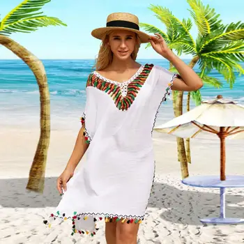 Бикини, Накидка, подходящее по цвету Летнее пляжное платье с кисточками, Свободные Короткие рукава Длиной выше колена, Солнцезащитное платье, одежда для отпуска