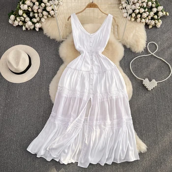 Винтажное Плиссированное Элегантное платье без рукавов с V-образным вырезом Пляжное Праздничное платье для отдыха Женская мода Лето Весна Vestidos