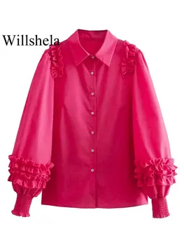 Willshela Женская мода С Розами, Однотонный подол с оборками, однобортная блузка, Винтажный вырез с лацканами, Длинные рукава, Женские шикарные рубашки для леди
