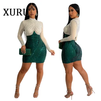 XURU Новое женское платье с пайетками из полиэстеровой сетки, расшитое пайетками, горячее платье с длинным рукавом для вечеринки, сексуальное платье для вечеринки в ночном клубе