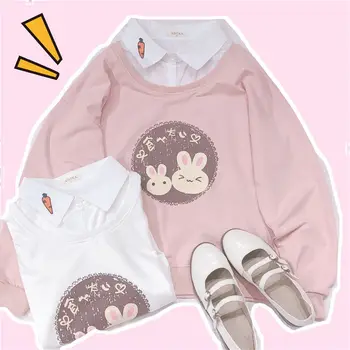 Милая розовая толстовка с капюшоном и принтом кролика для девочек, весенний уличный пуловер 2021 года, белая уличная одежда в стиле харадзюку в готическом японском стиле с капюшоном