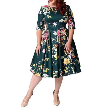 Весенняя женская одежда 2023 года оверсайз, молния сзади, рукав 1/2, круглый вырез, зеленое платье миди с цветочным принтом