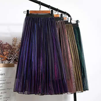 Яркая шелковая юбка-ширма, новая женская юбка средней длины с завышенной талией, тонкая градиентная плиссированная юбка