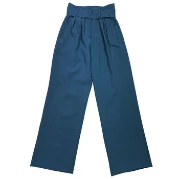 Синие длинные брюки Elfbop с высокой талией и поясом на талии - Новейшие женские стильные длинные брюки