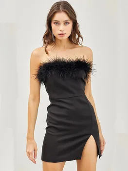 Новое женское сексуальное платье без бретелек из Страусиных перьев, Черное хлопковое облегающее платье 2023, Уличное праздничное платье Vestido