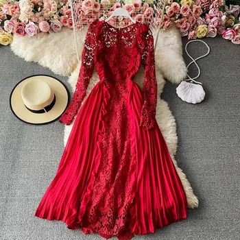 Винтажное элегантное кружевное платье Женское с длинным рукавом vestidos de fiesta elegantes para mujer 2023 Шифоновая женская одежда весна
